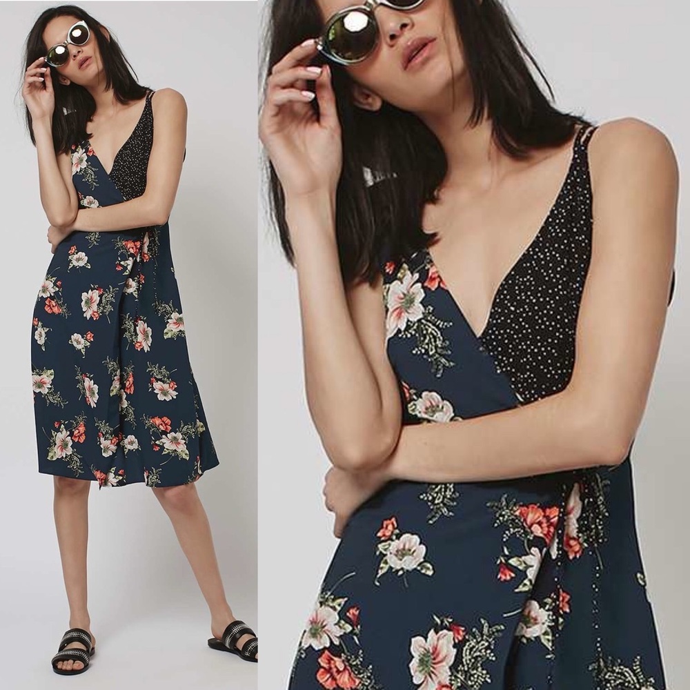 Mixed Pattern Polka Dot and Floral Slip Dress